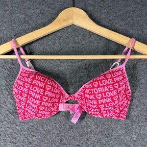 Y2K Victorias Secret PINK Logo Print Underwire Bra Pink White 34C